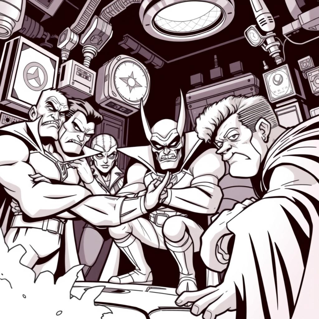 A superhero-themed colouring book page featuring a group of villains in menacing poses