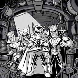 A superhero-themed colouring book page featuring a group of villains in menacing poses