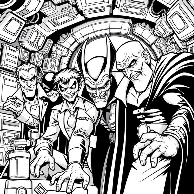 A superhero-themed colouring book page featuring a group of villains in menacing poses