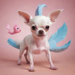 A uniquely fantastical creature that is a blend of a chihuahua, dolphin, and flamingo, bearing features from all three animals in harmony