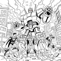 A superhero-themed colouring book page featuring a team of heroes working together to defeat a giant robot