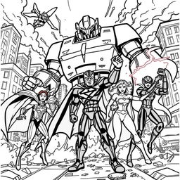 A superhero-themed colouring book page featuring a team of heroes working together to defeat a giant robot