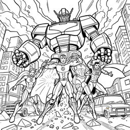 A superhero-themed colouring book page featuring a team of heroes working together to defeat a giant robot