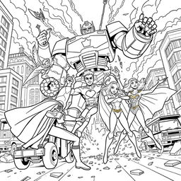 A superhero-themed colouring book page featuring a team of heroes working together to defeat a giant robot