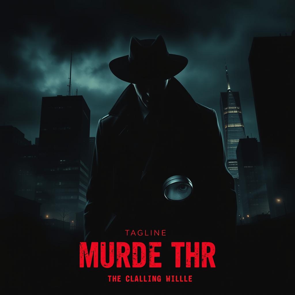 A gripping murder thriller movie poster featuring a dark, shadowy cityscape at night