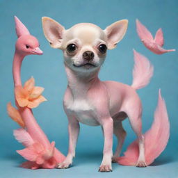 A uniquely fantastical creature that is a blend of a chihuahua, dolphin, and flamingo, bearing features from all three animals in harmony