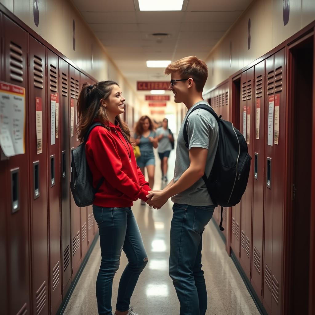 A heartwarming scene of two young people in love in a high school setting