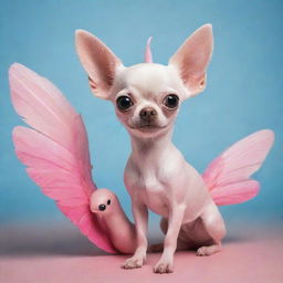 A uniquely fantastical creature that is a blend of a chihuahua, dolphin, and flamingo, bearing features from all three animals in harmony