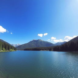 A beautiful landscape featuring a serene lake surrounded by lush green trees and mountains in the background