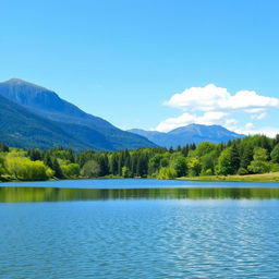 A beautiful landscape featuring a serene lake surrounded by lush green trees and mountains in the background