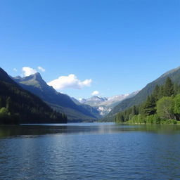 A beautiful landscape featuring a serene lake surrounded by lush green trees and mountains in the background