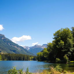 A beautiful landscape featuring a serene lake surrounded by lush green trees and mountains in the background