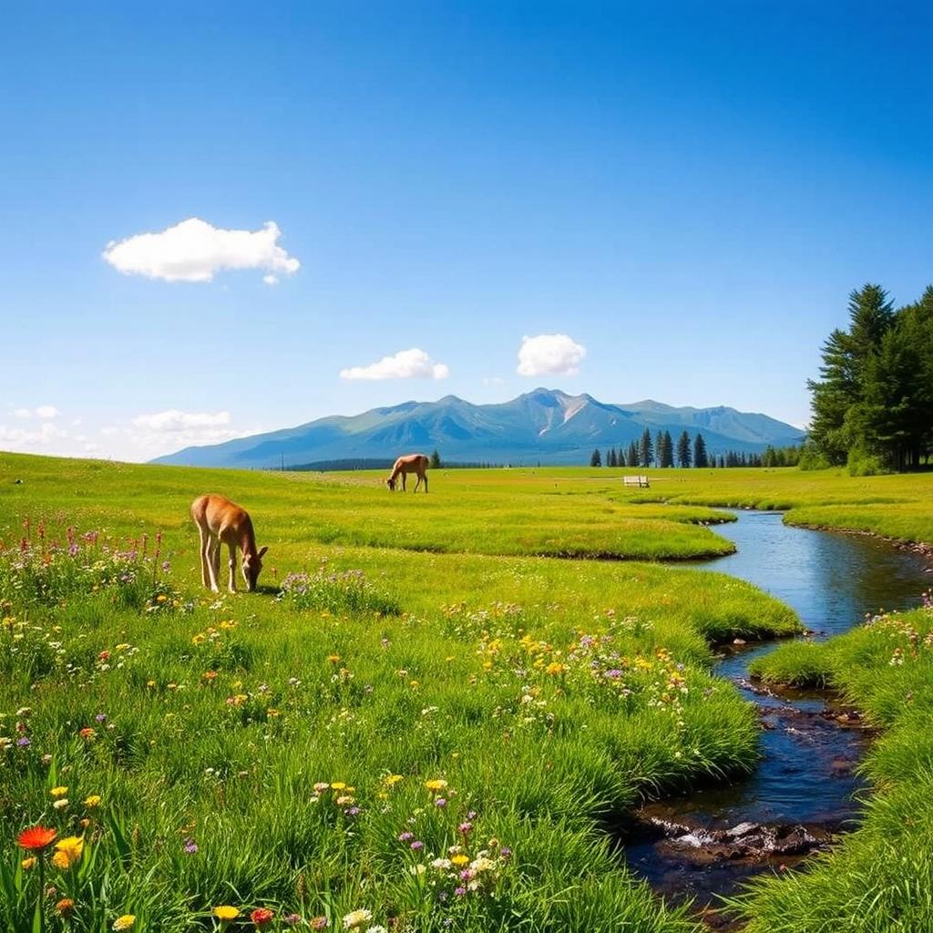 A serene landscape featuring a lush green meadow with colorful wildflowers, a clear blue sky with a few fluffy white clouds, and a distant mountain range