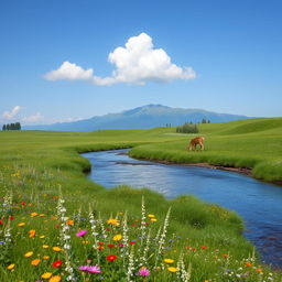 A serene landscape featuring a lush green meadow with colorful wildflowers, a clear blue sky with a few fluffy white clouds, and a distant mountain range