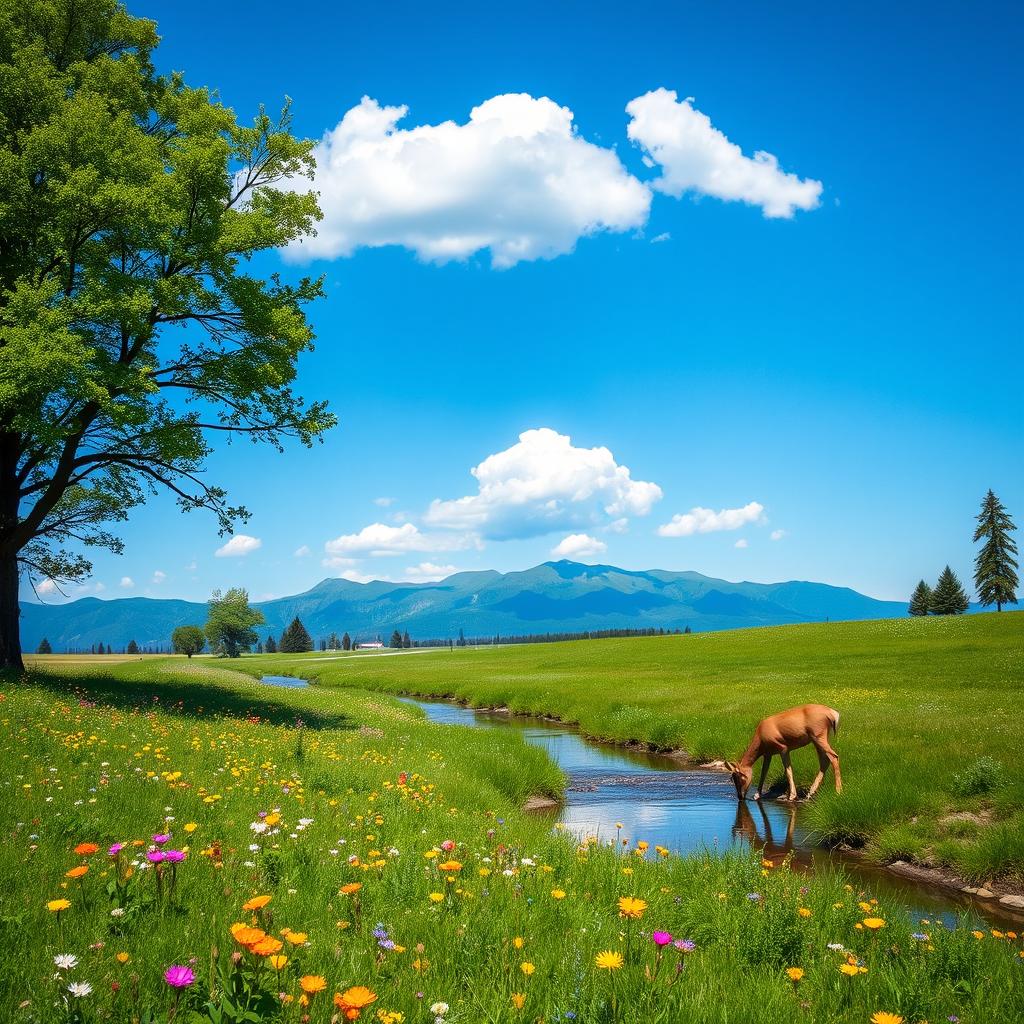 A serene landscape featuring a lush green meadow with colorful wildflowers, a clear blue sky with a few fluffy white clouds, and a distant mountain range