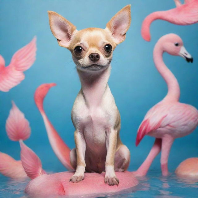 A uniquely fantastical creature that is a blend of a chihuahua, dolphin, and flamingo, bearing features from all three animals in harmony