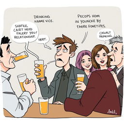 A satirical and humorous illustration depicting a person engaging in various vices like drinking, smoking, and casual relationships