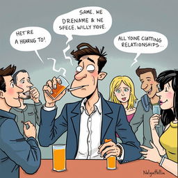 A satirical and humorous illustration depicting a person engaging in various vices like drinking, smoking, and casual relationships