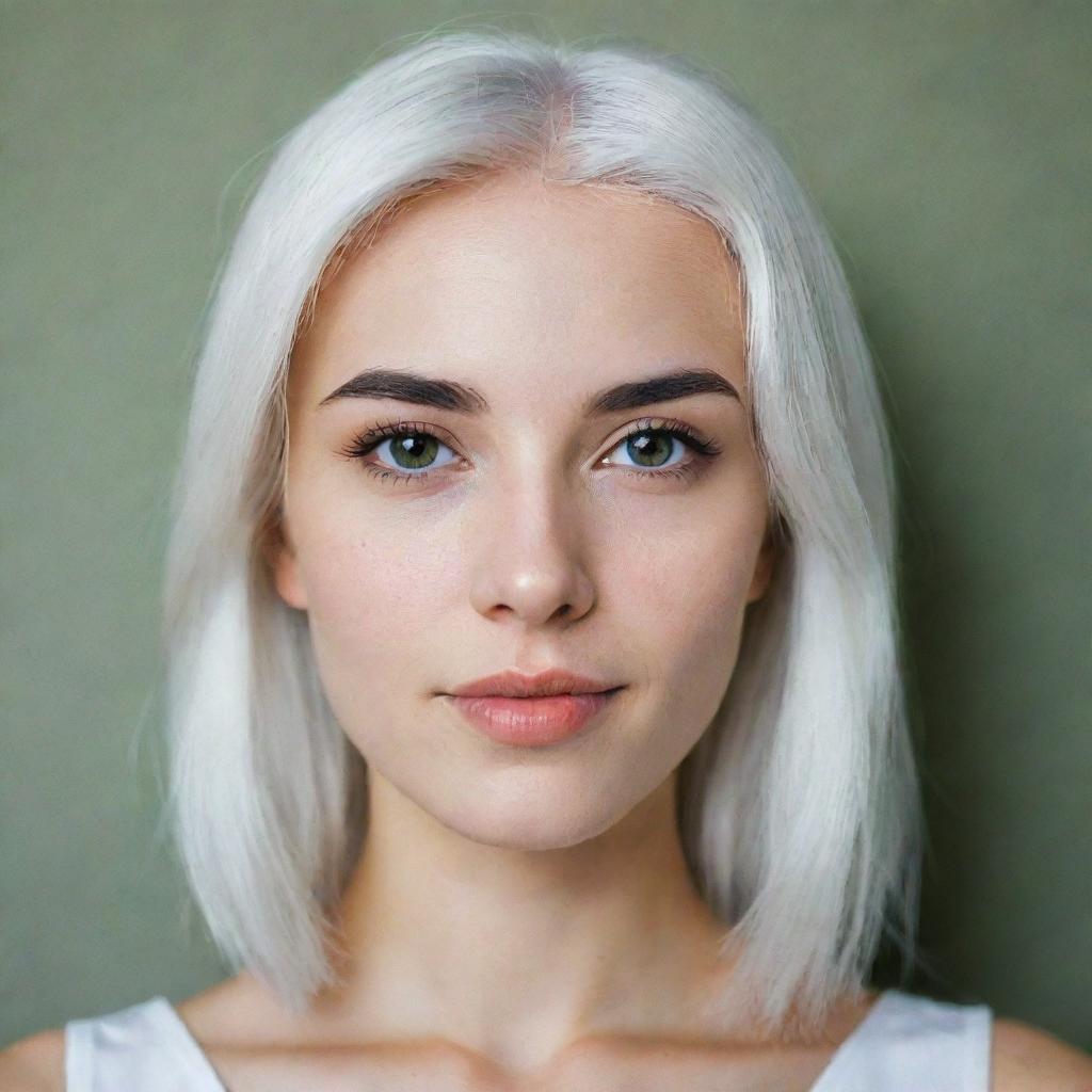 Interior photo of a young woman with white hair in a romantic pose, displaying long, square, proportional facial features. She has a small, smooth nose, dimples in her cheeks, bow lips, thin cheeks and cheekbones, large black eyebrows, smooth green medium eyes, and swarthy skin, taken using a low-quality phone camera.