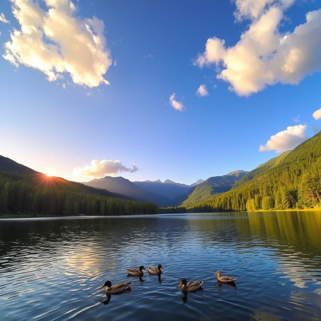 A beautiful landscape featuring a serene lake surrounded by lush green forests and mountains in the background