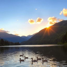 A beautiful landscape featuring a serene lake surrounded by lush green forests and mountains in the background