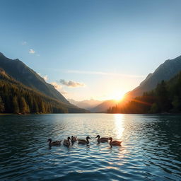 A beautiful landscape featuring a serene lake surrounded by lush green forests and mountains in the background