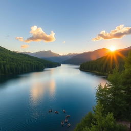 A beautiful landscape featuring a serene lake surrounded by lush green forests and mountains in the background