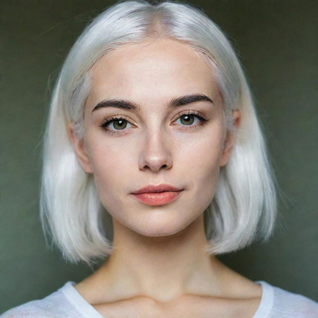 Interior photo of a young woman with white hair in a romantic pose, displaying long, square, proportional facial features. She has a small, smooth nose, dimples in her cheeks, bow lips, thin cheeks and cheekbones, large black eyebrows, smooth green medium eyes, and swarthy skin, taken using a low-quality phone camera.