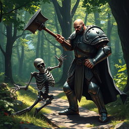 A human paladin, bald with a black mustache, wearing a suit of full plate armor, standing on a forest trail, fighting a skeleton warrior