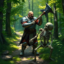 A human paladin, bald with a black mustache, wearing a suit of full plate armor, standing on a forest trail, fighting a skeleton warrior