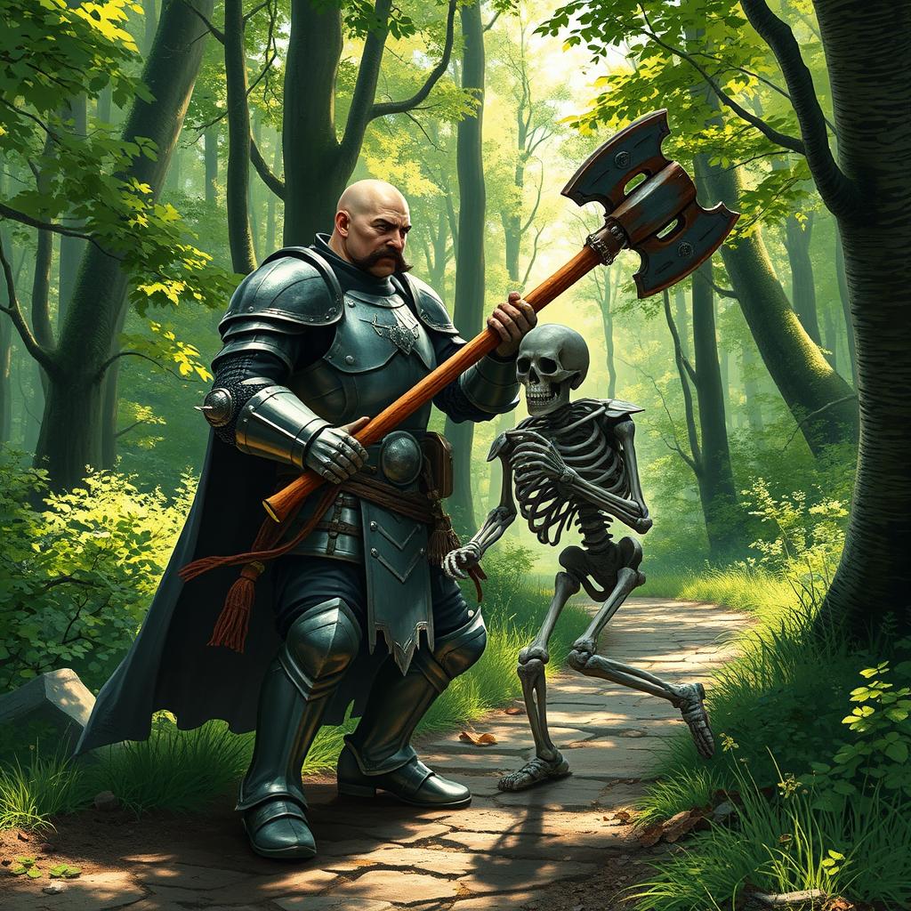 A human paladin, bald with a black mustache, wearing a suit of full plate armor, standing on a forest trail, fighting a skeleton warrior