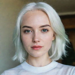 Interior photo of a young woman with white hair in a romantic pose, displaying long, square, proportional facial features. She has a small, smooth nose, dimples in her cheeks, bow lips, thin cheeks and cheekbones, large black eyebrows, smooth green medium eyes, and swarthy skin, taken using a low-quality phone camera.