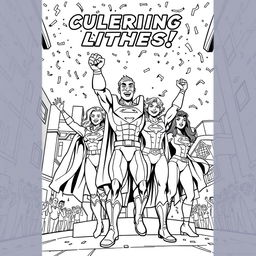 A superhero-themed colouring book page featuring a team of heroes celebrating their victory