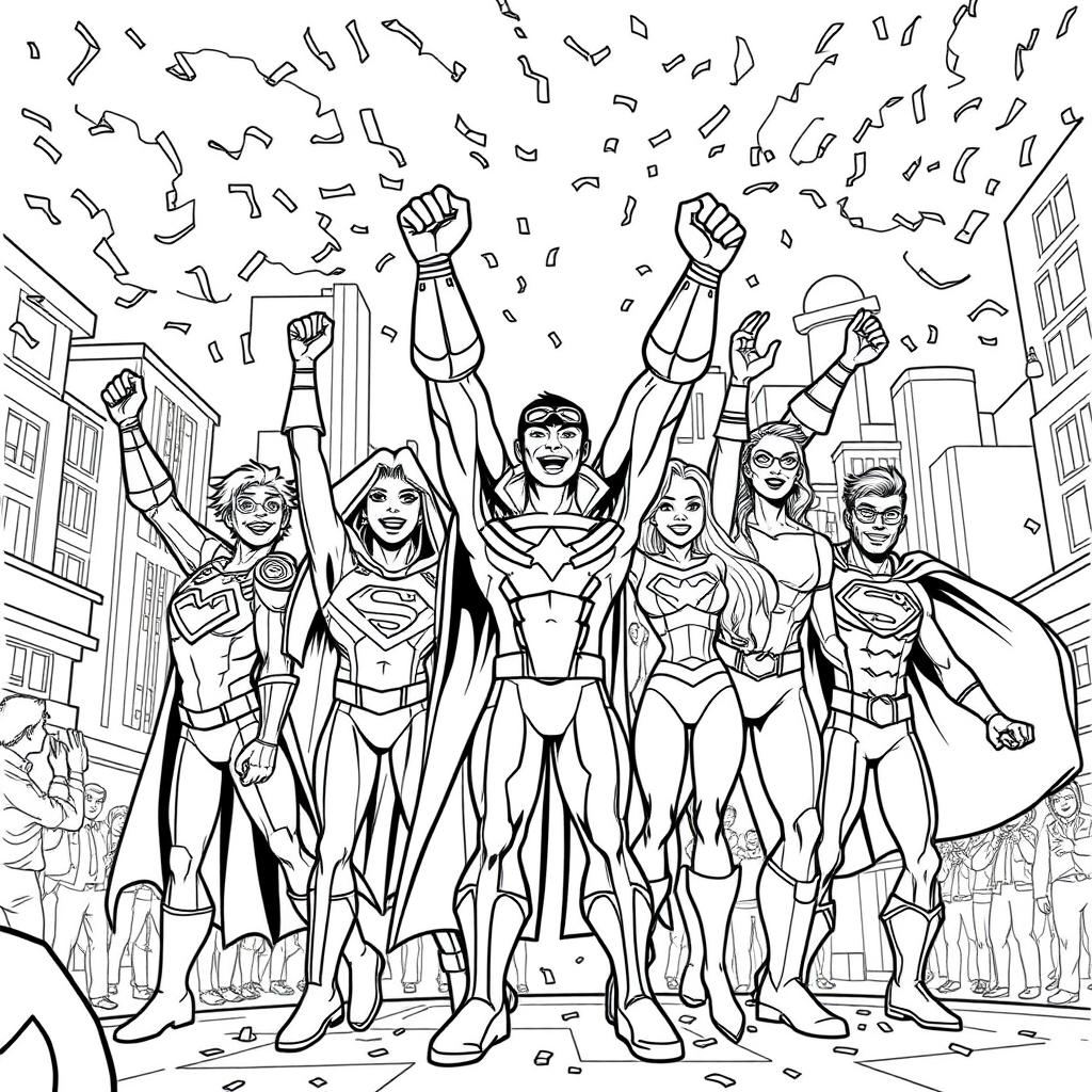 A superhero-themed colouring book page featuring a team of heroes celebrating their victory