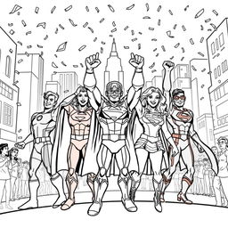 A superhero-themed colouring book page featuring a team of heroes celebrating their victory