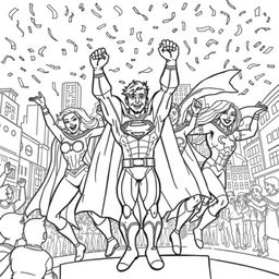 A superhero-themed colouring book page featuring a team of heroes celebrating their victory