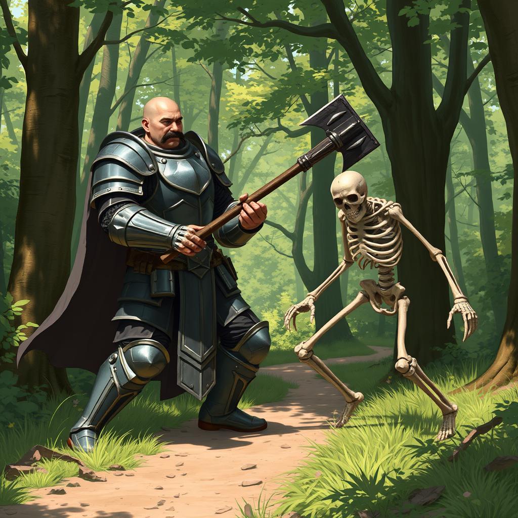 A human paladin, bald with a black mustache, wearing a suit of full plate armor, standing on a forest trail, fighting a skeleton warrior