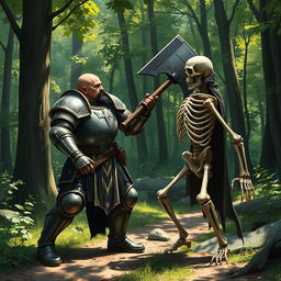 A human paladin, bald with a black mustache, wearing a suit of full plate armor, standing on a forest trail, fighting a skeleton warrior