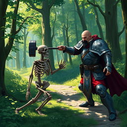 A human paladin, bald with a black mustache, wearing a suit of full plate armor, standing on a forest trail, fighting a skeleton warrior