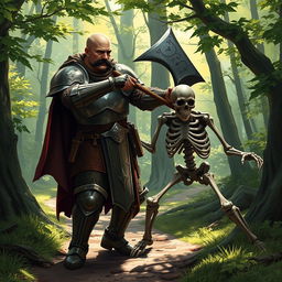 A human paladin, bald with a black mustache, wearing a suit of full plate armor, standing on a forest trail, fighting a skeleton warrior