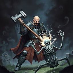 A human paladin, bald with a black mustache, wearing a suit of full plate armor, standing in a cemetery, fighting a skeleton warrior