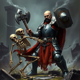 A human paladin, bald with a black mustache, wearing a suit of full plate armor, standing in a cemetery, fighting a skeleton warrior