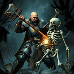 A human paladin, bald with a black mustache, wearing a suit of full plate armor, standing in a cemetery, fighting a skeleton warrior