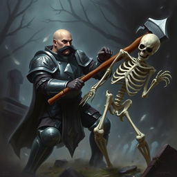 A human paladin, bald with a black mustache, wearing a suit of full plate armor, standing in a cemetery, fighting a skeleton warrior