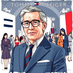 A detailed illustration of Tommy Hilfiger, the iconic fashion designer, highlighting his journey in the fashion industry