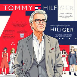 A detailed illustration of Tommy Hilfiger, the iconic fashion designer, highlighting his journey in the fashion industry