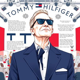 A detailed illustration of Tommy Hilfiger, the iconic fashion designer, highlighting his journey in the fashion industry