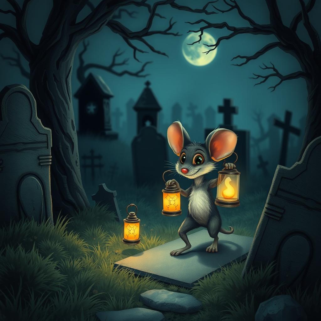 A small mouse walking through a spooky graveyard at night, holding a glowing lantern