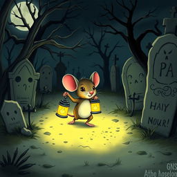 A small mouse walking through a spooky graveyard at night, holding a glowing lantern