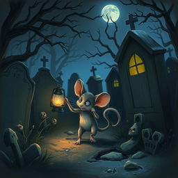 A small mouse walking through a spooky graveyard at night, holding a glowing lantern